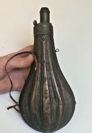Antique Civil War Era Am Flask & Cap Co Fluted Brass Powder Horn Flask