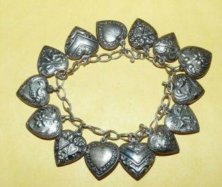 Vintage Sterling Silver 7.  25 " Charm Bracelet W/ 14 " Puffy Heart 