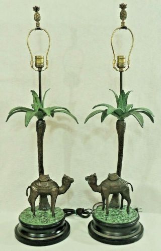 Pair Large Vintage Italian Designer Bronze Figural Camel Palm Tree Table Lamps