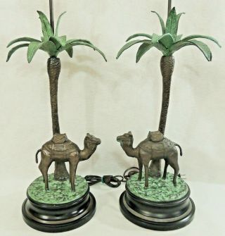 Pair Large Vintage Italian Designer Bronze Figural Camel Palm Tree Table Lamps 2