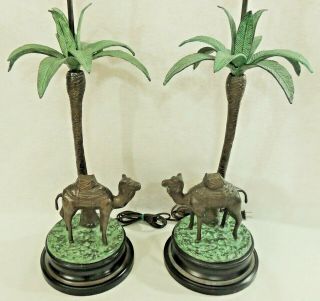 Pair Large Vintage Italian Designer Bronze Figural Camel Palm Tree Table Lamps 3