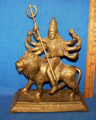 Vintage Heavy Cast Brass Hindu Durga Riding A Lion Figurine W/spear 3.  5 Lb No R