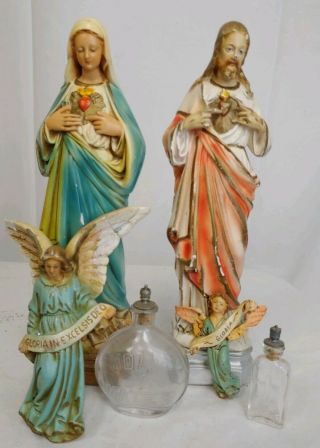 Handpainted Vintage Ceramic Jesus,  Mary & Angel Figures With Holy Water Bottles