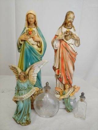 Handpainted Vintage Ceramic Jesus,  Mary & Angel Figures with Holy Water Bottles 2