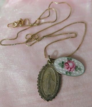 Vintage Sterling Silver Gilt Enamel Flower,  Mother Mary Slide Pendant Necklace