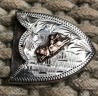 Sterling Silver Engraved Vintage Belt Buckle Tip - Bull Riding Scene
