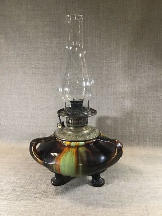 Huge Antique Weller? Drip Glaze Art Pottery Oil Lamp Complete D&w Font