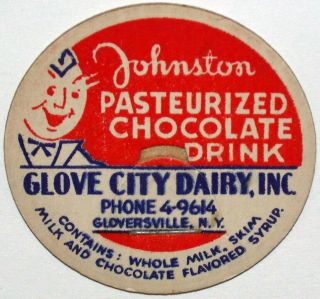Vintage milk bottle cap JOHNSTON CHOCOLATE Glove City Dairy Inc Gloversville NY 2