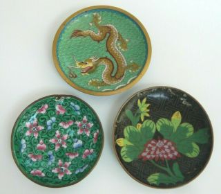 3 X Vintage Chinese Copper Enamel Hand Painted Pin / Trinket Dishes
