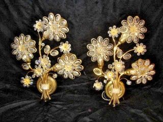 Vintage Pair Brass Crystal Glass Wall Lamp Sconce Flower,  Germany