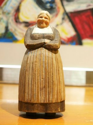 Antique Swiss Black Forest Wood Carving Figurine Village Woman Hand Carved 5.  25 "