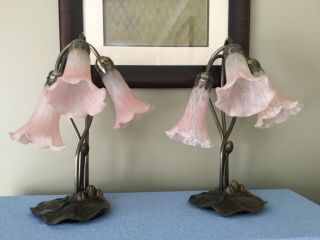 Tiffany Style Metal Lily Pad Lamps With Pink Tulip Glass Shades