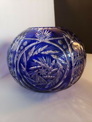 Vintage Cobalt Blue Bohemian Glass Cut To Clear Rose Bowl Vase