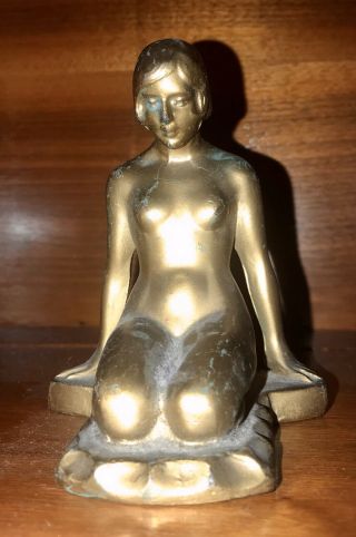 Vintage Antique Art Deco Nude Lady Kneeling Bronzed Bookend Sculpture