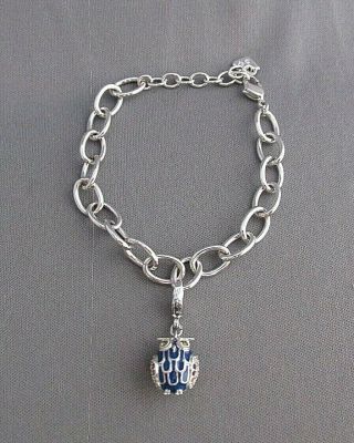 Vintage Swarovski Crystal Silver Tone Blue Enamel Owl Charm Tennis Bracelet
