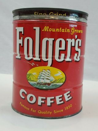 Vintage Metal Folgers Coffee Can With Lid.  1959 Old Coffee Tin