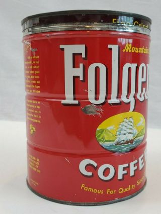 Vintage metal Folgers coffee can with lid.  1959 old coffee tin 3