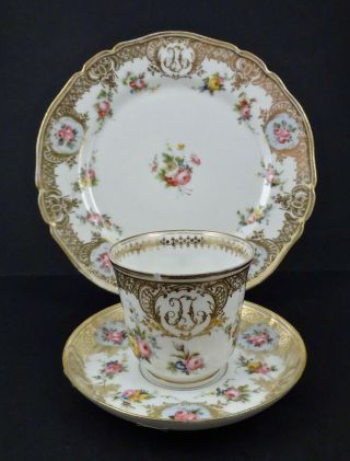 Antique Paris Porcelain Tea Cup,  Saucer & Plate Sevres Style