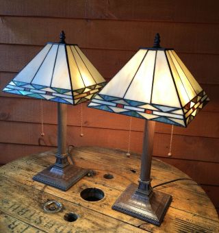 Mission Arts And Crafts Style Stained Glass Table Lamps Set Of 2
