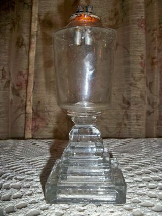 Rare Early 19th C Boston Sandwich Glass Whale Oil Lamp Blown Font W/burner