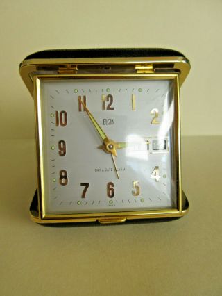 Vintage Elgin Day Date Alarm Clock Traveling W/black Case