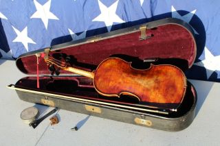 Vintage Violin W/bow In Wood Coffin Case