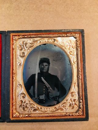 Sixth Plate Ruby Ambrotype Civil War Union Cavalryman Double Armed Soldier