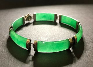 Vintage Natural Imperial Green Jade Jadeite Sterling Silver Link Bracelet 7 "