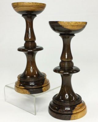 Vintage Exotic Turned Wooden Candlesticks Wood Candle Holders