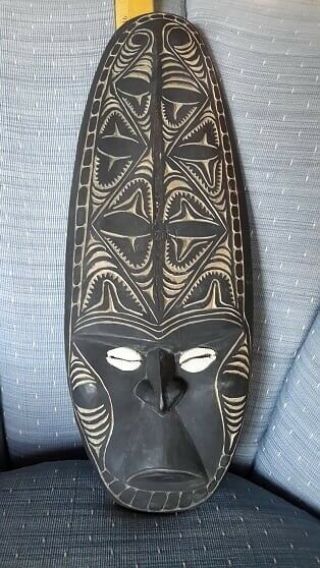 Extensively Carved Designs On Black Painted Ethnic Wood Mask W Cowrie Shell Eyes