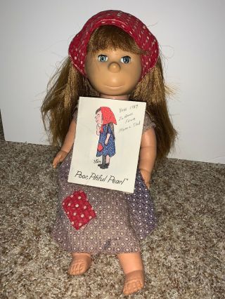 Vintage Brookglad 17” Poor Pitiful Pearl Doll In Dress Scarf & Book