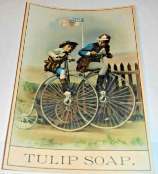 Antique Early Advertising Tulip Soap Trade Card With Two High Wheel Bicycles Nr