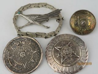 Vintage Sterling Silver 925 Mexico Bracelet Mayan Aztec Sun Calendar Pendents 5
