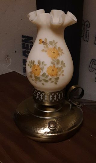 Antique Electric Oil Lamp,  Brass Base,  Frosted And Hand Painted