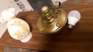 Antique electric oil lamp,  brass base,  frosted and hand painted 2