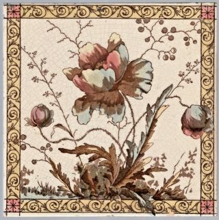 J W Wade & Co - C1891 - Pastel Floral Design - Antique Aesthetic Movement Tile