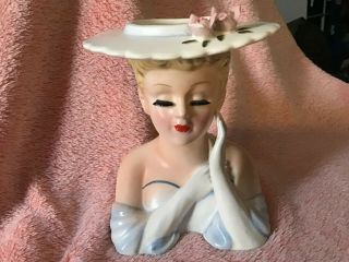 Vintage 1950’s Lefton Lady Head Vase 2705; Blue Strapless Gown 6” Tall (m21)