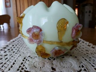 Antique Victorian Uranium Custard Art Glass Rose Bowl Applied Cherry Blossoms