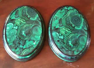 Pair 2 Faux Malachite Oval Wood Display Stands For Statue Vase Urn Candlestick