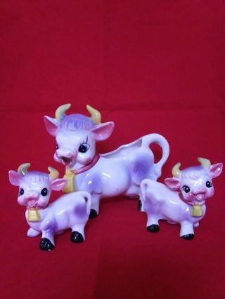 Vintage Cow Creamer And Salt Pepper Shakers Cows Set Gold White Purple Shaker