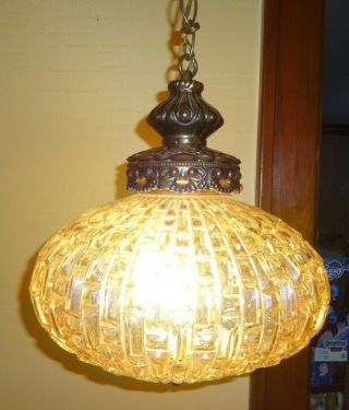 Vintage Mid Century Modern Amber Glass Yellow Ufo Swag Hanging Lamp Light