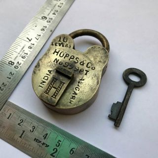Old Vintage Or Antique Solid Brass Padlock Lock Key Unusual Shape Hopps & Co.