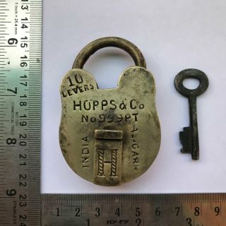 Old vintage or antique solid brass padlock lock key unusual shape HOPPS & Co. 2