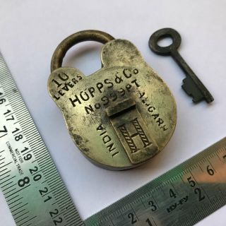 Old vintage or antique solid brass padlock lock key unusual shape HOPPS & Co. 3