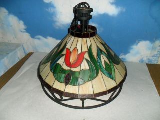 Vintage Tulips Iron Hanging Tiffany Lamp Swag Light With Leaded Glass Shade