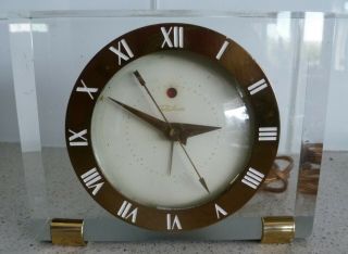 Vintage Art Deco Electric Alarm Clock: Telechron: Clear Lucite: Brass Accents