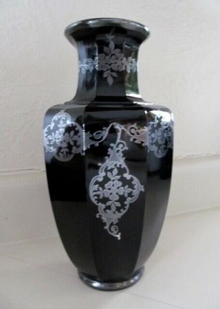Vintage Art Deco Rockwell Era Signed Sterling Silver Overlay Black Glass Vase