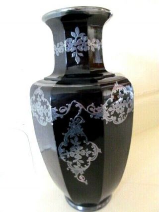 Vintage Art Deco Rockwell Era Signed Sterling Silver Overlay Black Glass Vase 2