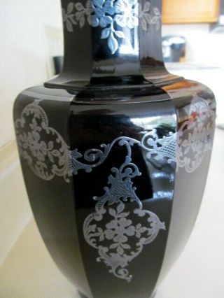 Vintage Art Deco Rockwell Era Signed Sterling Silver Overlay Black Glass Vase 3