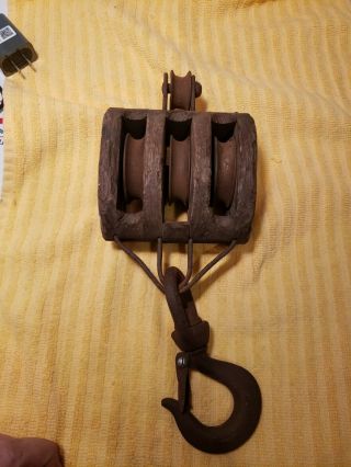 Antique U W Triple Pulley Wooden Block & Tackle Very Old Farm,  Nautical